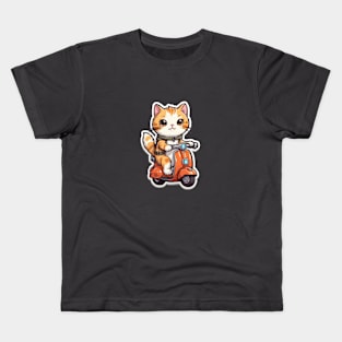 Cute cartoon cat on a scooter Kids T-Shirt